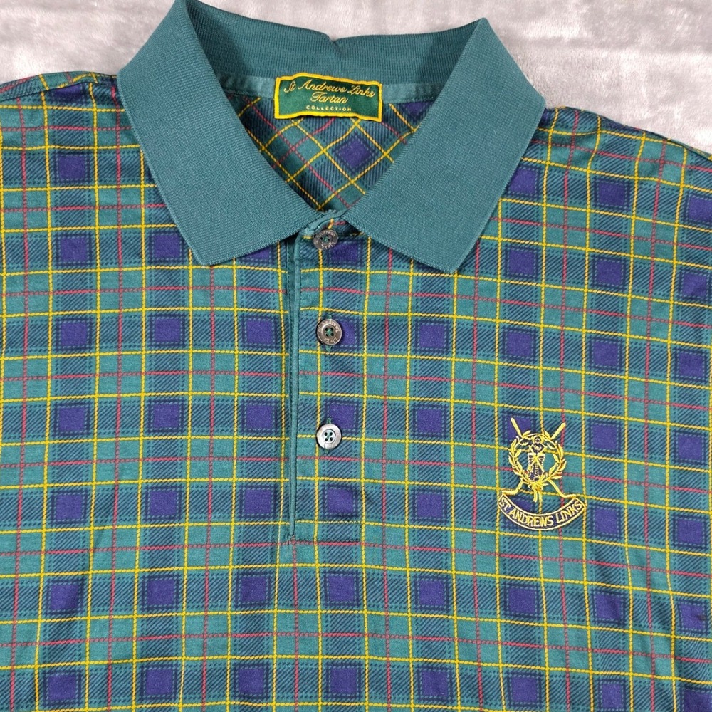 St Andrews Links Polo Shirt Mens Large Green Tartan Plaid Filo di Scozia Cotton - Picture 2 of 7